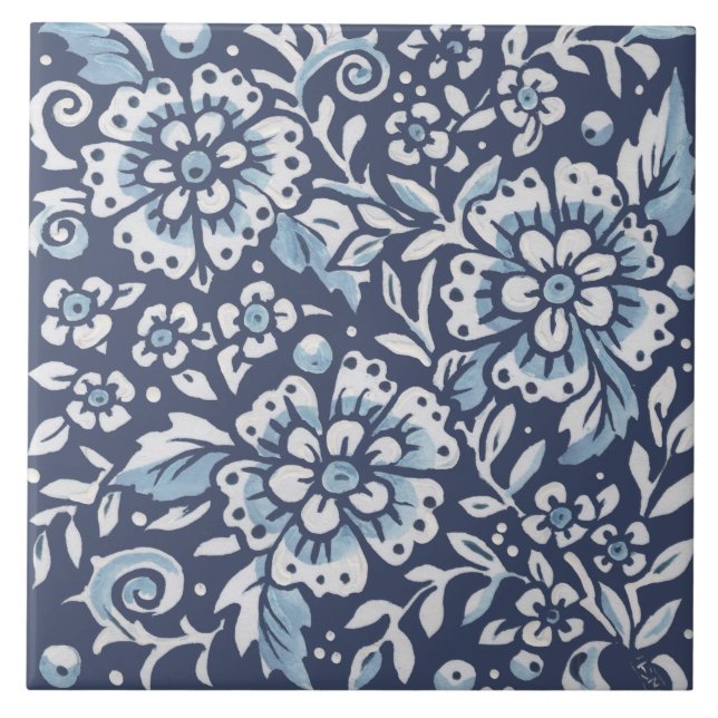 Carreau Bleu classique Fleurs ornées Bleues Art Floral (Devant)