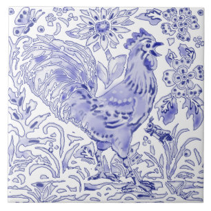 Carreau Bleu Coq Poulet Insect Ferme Art Rustique  