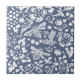 Carreau Bleu d'abeille Blanc Botanique Floral Delft Denim