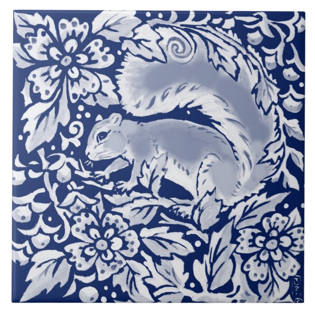 Carreau Bleu de la Marine de Cobalt Écureuil animal de boi (Devant)