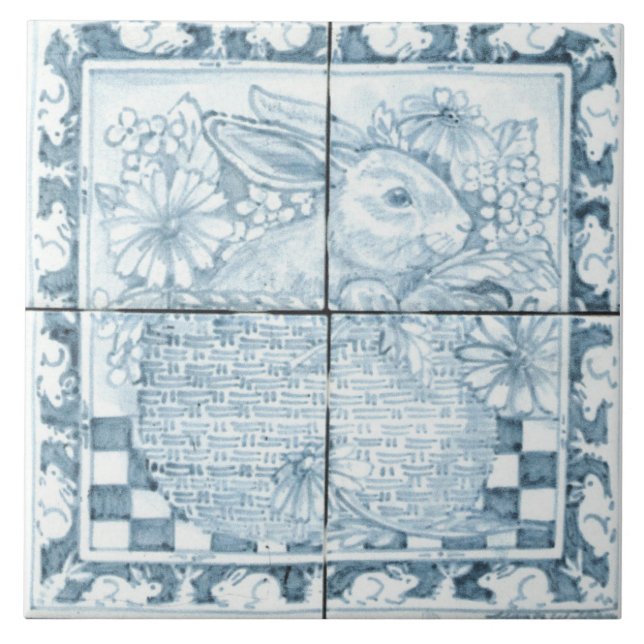 Carreau Bleu doux et blanc Antique Look Lapin Rabbit Panie (Devant)