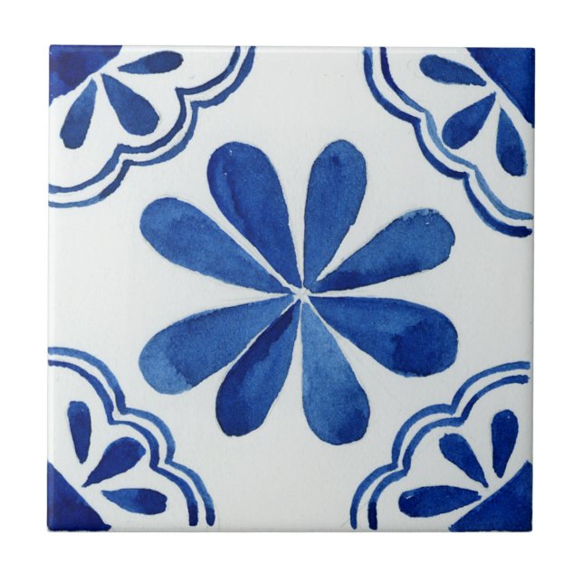 Carreau Bleu et blanc motif Floral Méditerranée (Devant)
