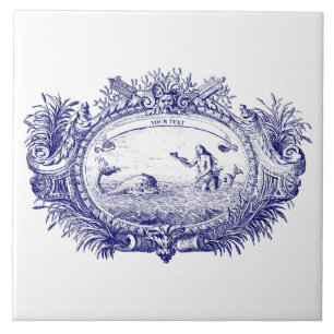Carreau Bleu et blanc Rococo mermaid Fish Cartouche