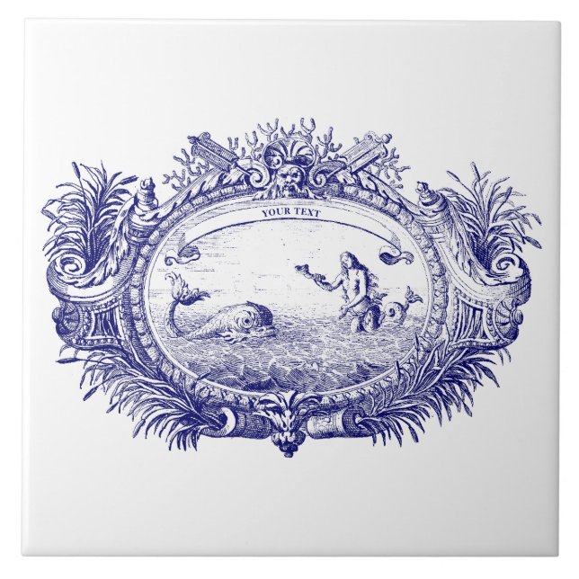 Carreau Bleu et blanc Rococo mermaid Fish Cartouche (Devant)