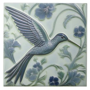 Carreau Bleu et faux relief menthe Art Nouveau Hummingbird