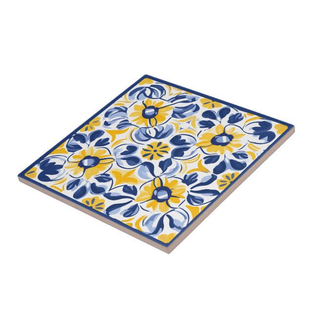 Carreau 💛 💙 Bleu et jaune, Azulejos floral (Côté)
