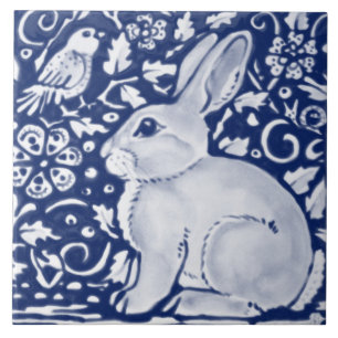 Carreau Bleu foncé Marine Cobalt Rabbit Bird Chinoiserie 