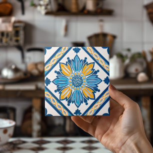 Carreau Bleu Jaune Azulejo Méditerranée Floral Maison Déco