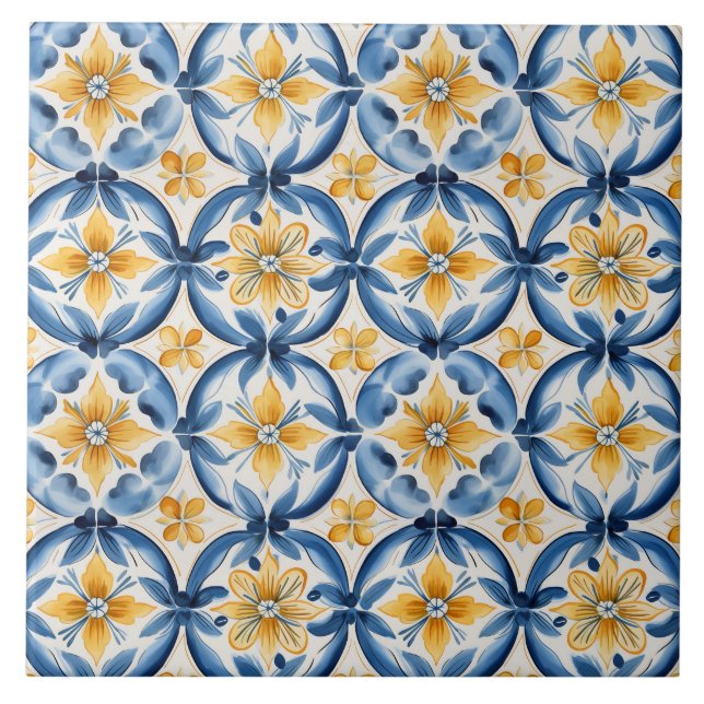 Carreau Bleu Méditerranéen & Fleurs Jaunes (Devant)