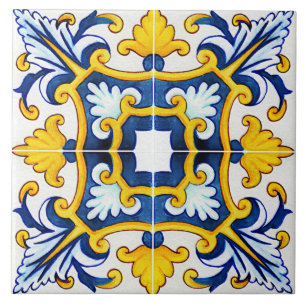 Carreau Bleu Méditerranéen Orné Et Jaune