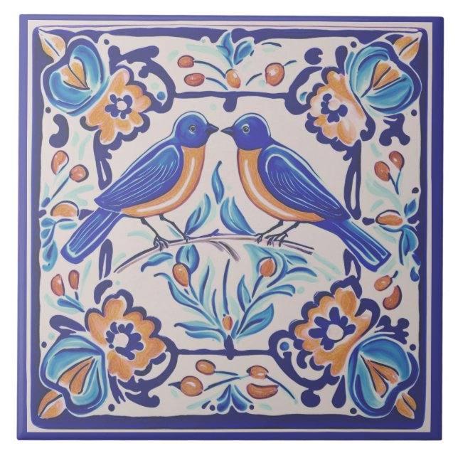 Carreau Bleu oiseaux Méditerranée Bleu Oiseau Folk Floral (Devant)