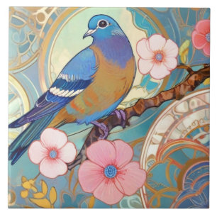 Carreau Bleu Pigeon Oiseau rose Floral Fleurs de printemps