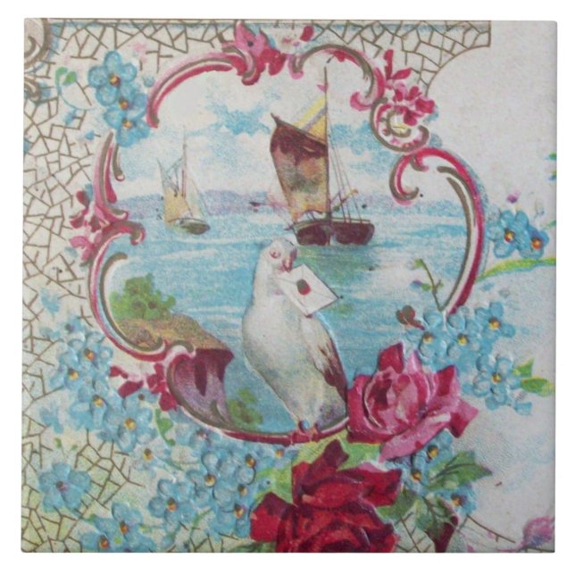 CARREAU BLEU ROMANTIQUE FLEURS ROSES ET PAYSAGE MARIN (Devant)