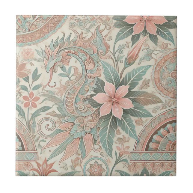 Carreau Bleu rose Floral Boho Indonésien Batik Aquarelle (Devant)