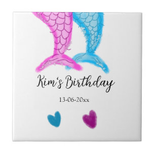Carreau bleu rose sirène aquarelle ajouter nom anniversair