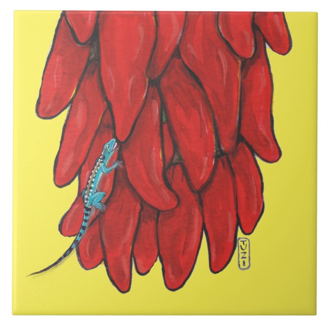 Carreau Bleu Sud-Ouest Lézard Rouge Chili Pepper Mural (Devant)