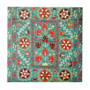 CARREAU BLEUE ROUGE BLANC ANTIQUE BLANCHE FLORALE UZBEK EM