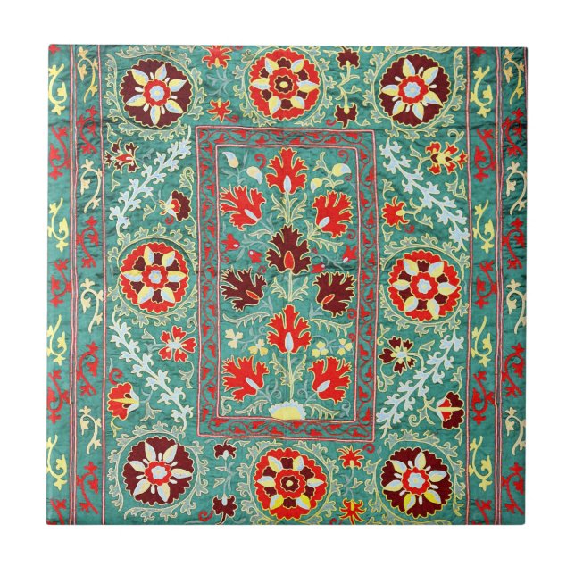 CARREAU BLEUE ROUGE BLANC ANTIQUE BLANCHE FLORALE UZBEK EM (Devant)