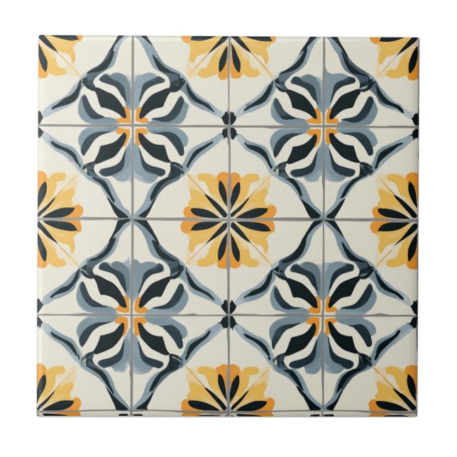 Carreau Blue Gold and Off White Pattern Ceramic Tile (Devant)