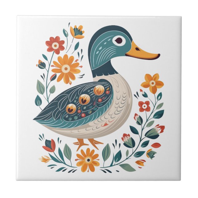 Carreau Blue Gold Duck Scandinavian Folk Art (Devant)