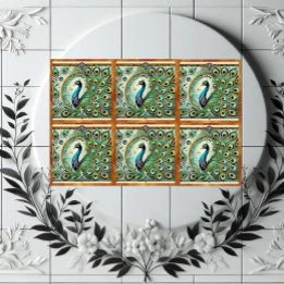 Carreau Blue Green Majestic Peacock Golden Feathers Motif 
