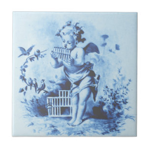 Carreau Blue Minton Cherub avec Pan Pipes & Birds Repro