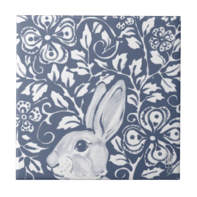 Carreau Blue Peeking Lapin Lapin Floral Dedham Delft (Devant)
