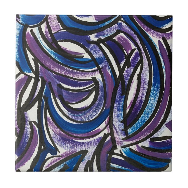 Carreau Blue Purple Brushstrokes-Hand Painted Abstract (Devant)