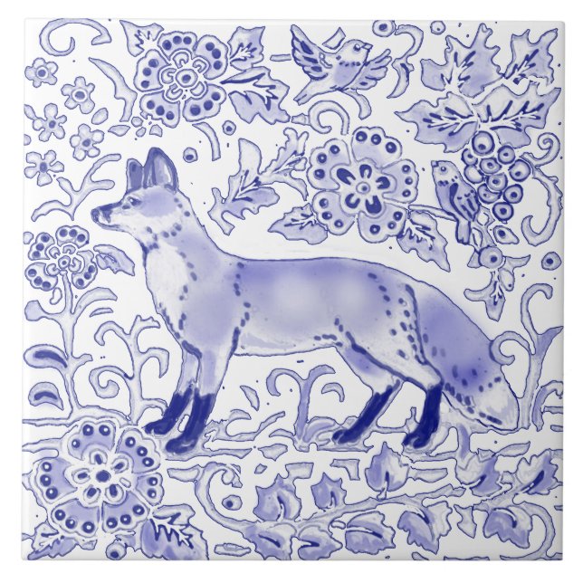 Carreau Blue White Fox Bird Woodland Farmhouse Art rustiqu (Devant)