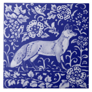 Carreau Blue White Fox Bird Woodland Farmhouse Art rustiqu