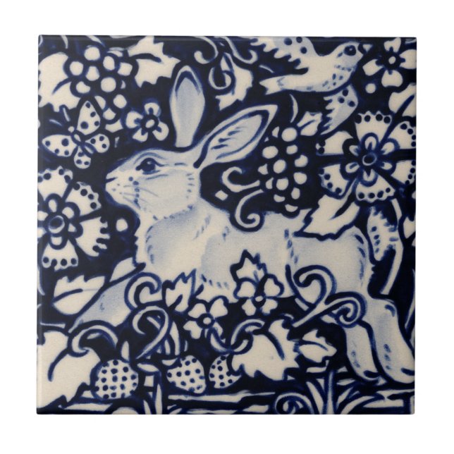 Carreau Blue White Rabbit Floral Bird Chinoiserie Berry (Devant)