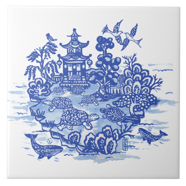 Carreau Blue Willow Isle of Turtles Jardin Whimsical (Devant)