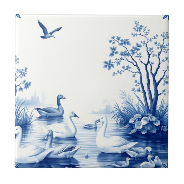 Carreau Blue Willow Swans Lake Scene (Devant)