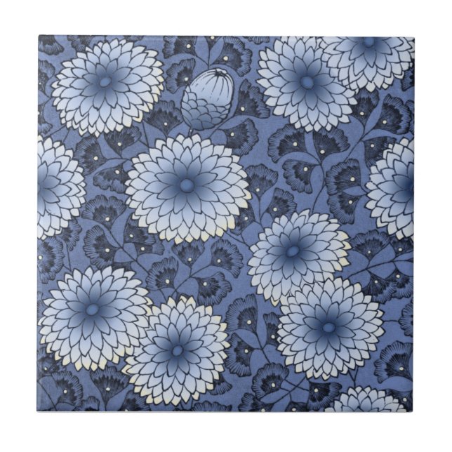 Carreau Blue Wm Morris Arts & Crafts Chrysanthemum Repro (Devant)