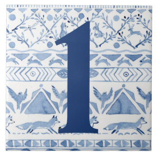 Carreau Blue Woodland Animal Ikat House Adresse Numéro 1