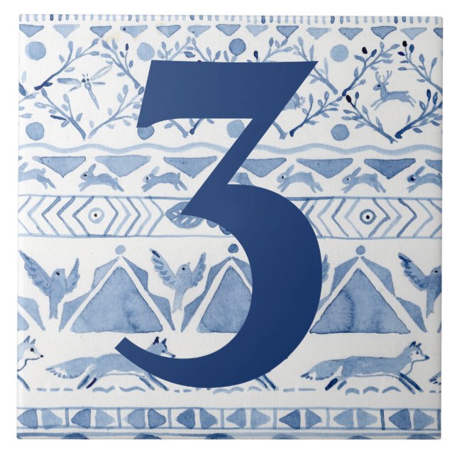Carreau Blue Woodland Animal Ikat House Adresse Numéro 3 (Devant)
