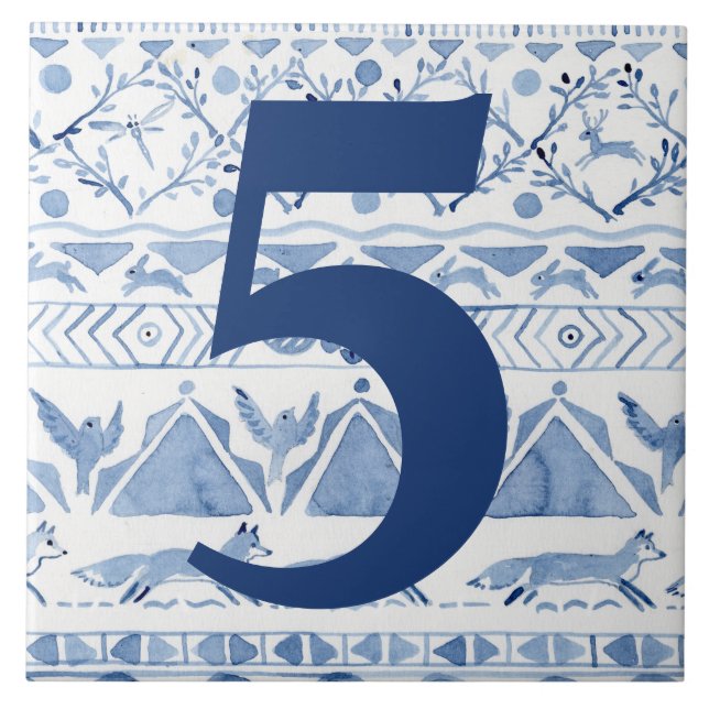 Carreau Blue Woodland Animal Ikat House Adresse Numéro 5 (Devant)