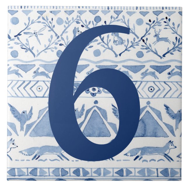 Carreau Blue Woodland Animal Ikat House Adresse Numéro 6 (Devant)