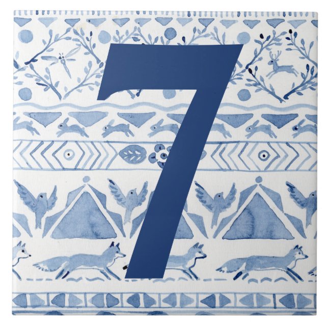 Carreau Blue Woodland Animal Ikat House Adresse Numéro 7 (Devant)