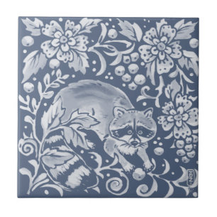 Carreau Blue Woodland Raccoon Forêt Animal Floral