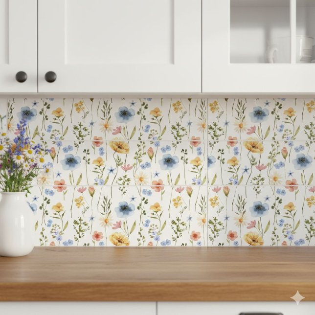 Carreau Blue Yellow Pink Wildflower Watercolor (Créateur téléchargé)