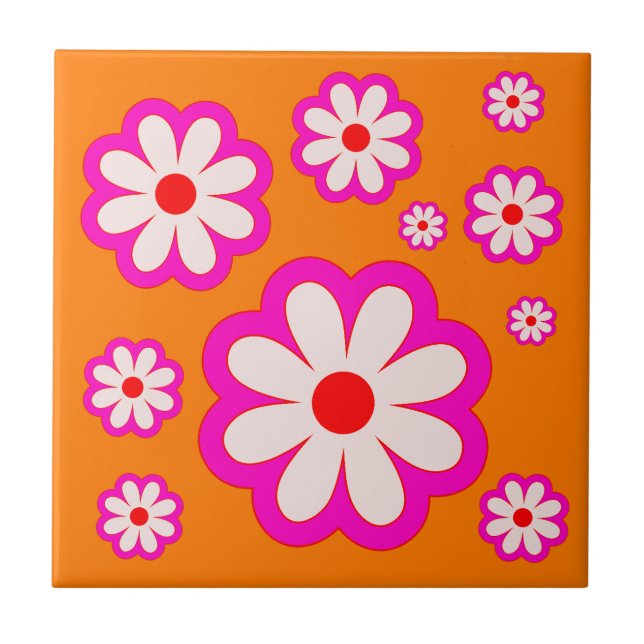 Carreau BOHO Chic Daisy Motif rose et orange Retro Floral (Devant)