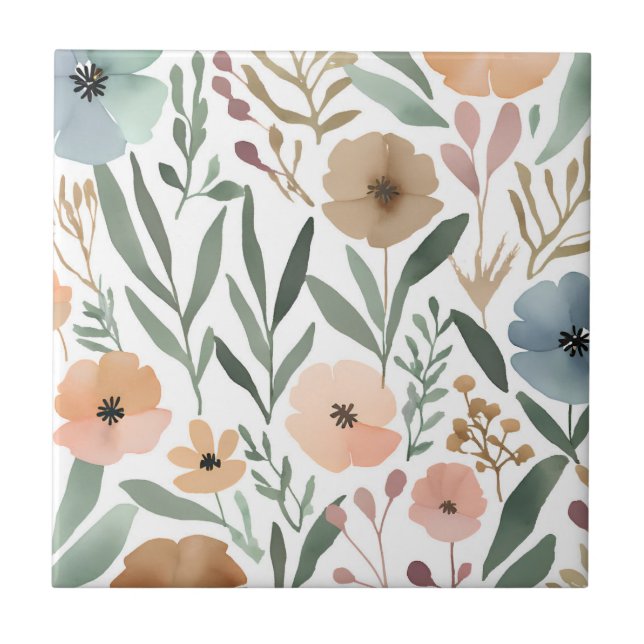 Carreau Boho Fleur sauvage Aquarelle Florale Pastel Accent (Devant)