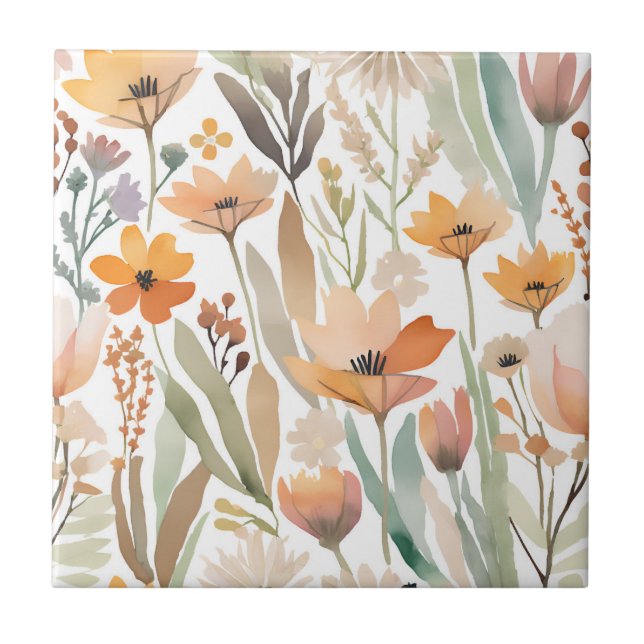 Carreau Boho Fleur sauvage Aquarelle Florale Pastel Accent (Devant)