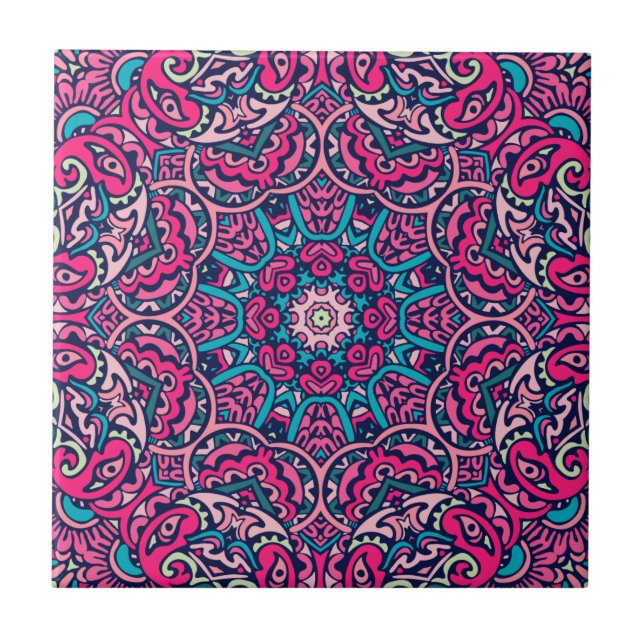 Carreau Boho Mandala rose, Turquoise et marine (Devant)