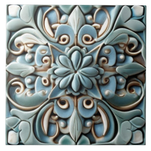 Carreau Boho Turquoise Turquoise Faux relief Fleur botaniq