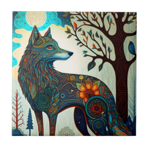 Carreau Boho Wolf Surreal Wildlife Art Carrelage céramique