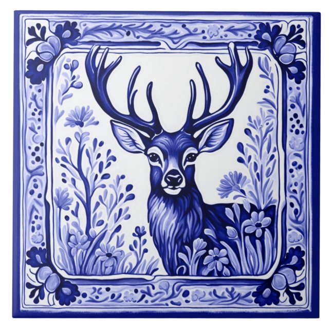 Carreau Bois Cerf Bleu et Blanc Folk Art animal (Devant)
