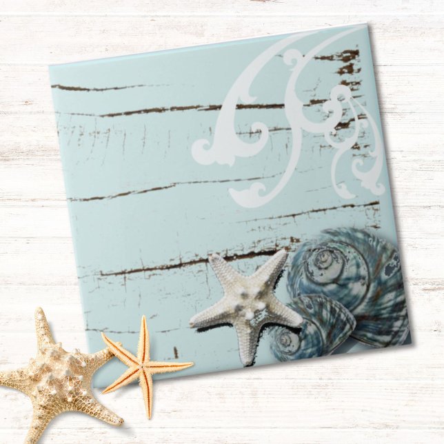 Carreau Bois chic côtier aqua bleu étoiles de mer (Coastal chic wood aqua blue starfish seashells ceramic tile)