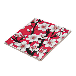 Carreau Bold Cherry Blossom Illustration on Red